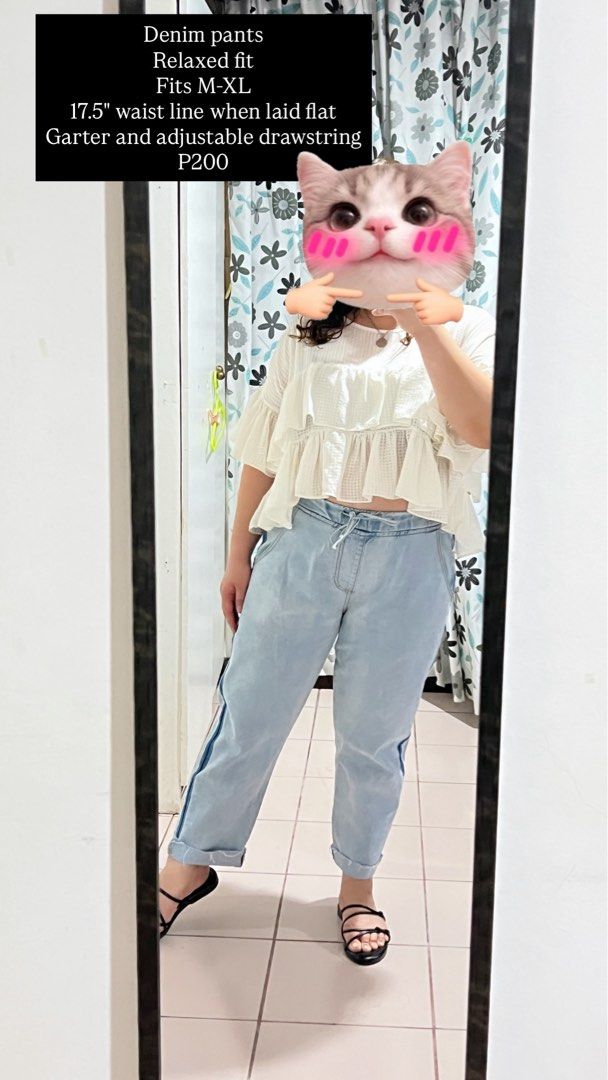 Denim Pants (Category: Jeans) located in Cebu City. Submitted by fromreggg (Listing ID 1470853841, Image 1). Description: Denim pants Relaxed fit Fits M-XL 17.5” waist line when laid flat Garter and adjustable drawstring P200.