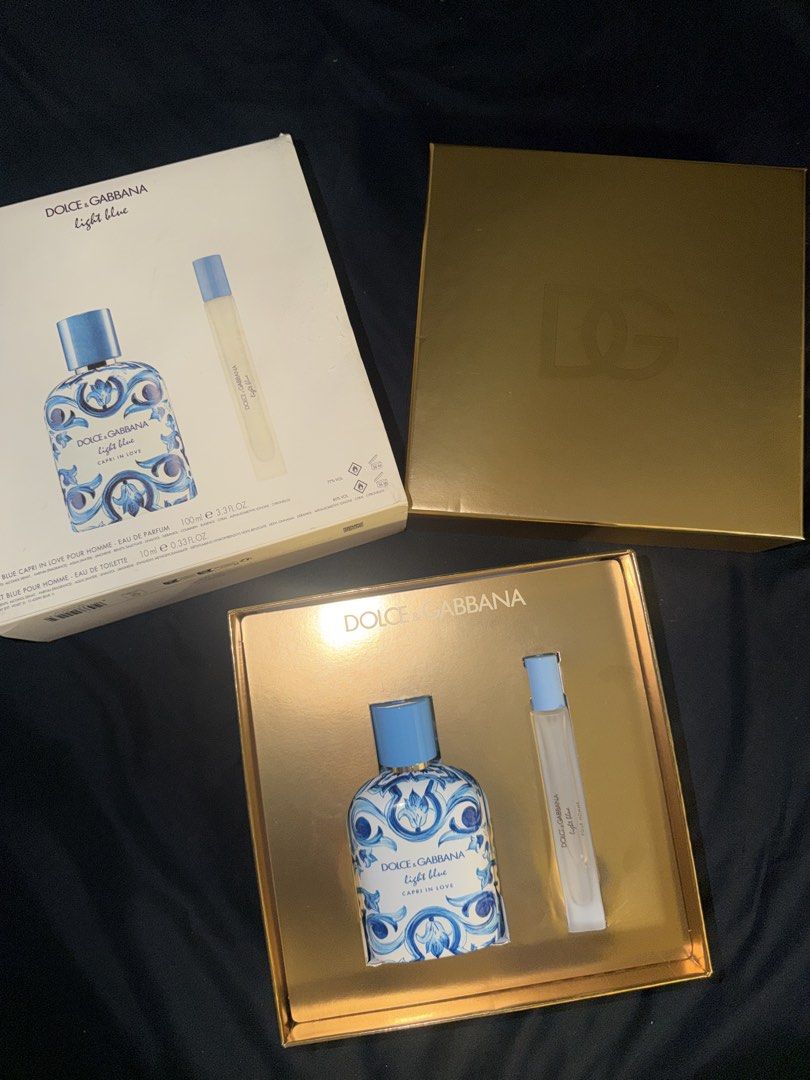 D&G Light Blue Capri In Love Gift Set (Category: Fragrance & Deodorants) located in Pasay City. Submitted by deluxeira (Listing ID 1470868899, Image 2). Description: - Brand: Dolce & Gabbana - Item: Light Blue Capri In Love Men's Gift Set - Includes: 100ml Eau de Parfum & 10ml travel spray - Packaging: Gold presentation box with outer sleeve - Condition: Brand new, unused, and complete in original packaging - Perfect for gifting or personal use -