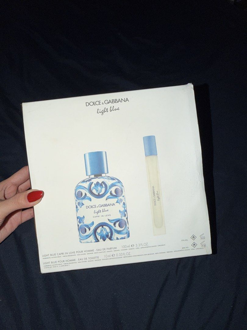 D&G Light Blue Capri In Love Gift Set (Category: Fragrance & Deodorants) located in Pasay City. Submitted by deluxeira (Listing ID 1470868899, Image 1). Description: - Brand: Dolce & Gabbana - Item: Light Blue Capri In Love Men's Gift Set - Includes: 100ml Eau de Parfum & 10ml travel spray - Packaging: Gold presentation box with outer sleeve - Condition: Brand new, unused, and complete in original packaging - Perfect for gifting or personal use -