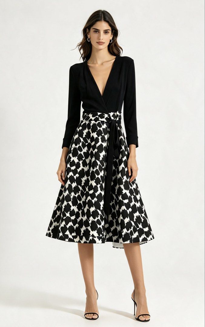 DIANE VON FURSTENBERG (Category: Dresses) located in Davao. Submitted by sart0ria85 (Listing ID 1470776610, Image 2). Description: This AMELIA wrap dress is signature to the house of DVF in deep Black jersey top in V-neckline and long sleeves. Textured black and white pattern in skirt. 66%POLYESTER 16% RAYON 19%NYLON MADE IN CHINA 🇨🇳 XSMALL. Size 2 EXCELLENT CONDITION (98/100).