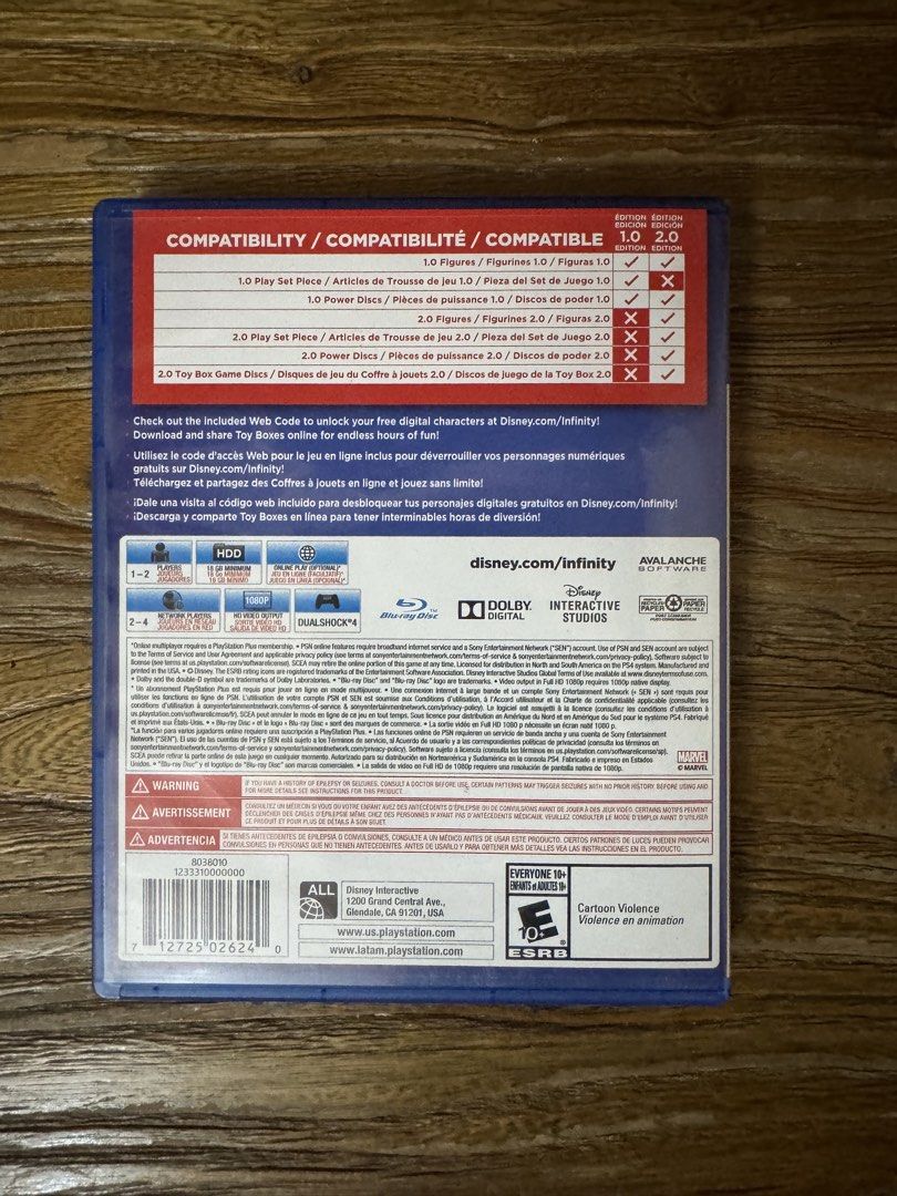 Disney Infinity 2.0 Edition PS4 Game (Category: PlayStation) located in Las Pinas. Submitted by emdjss (Listing ID 1470806312, Image 3). Description: - Platform: PlayStation 4 (PS4) - Item: Disney Infinity 2.0 Edition game disc with case and cover art - ESRB Rating: Everyone 10+ - Compatibility: Works with 2.0 series figures, power discs, and play sets - Condition: Great addition to any collection.