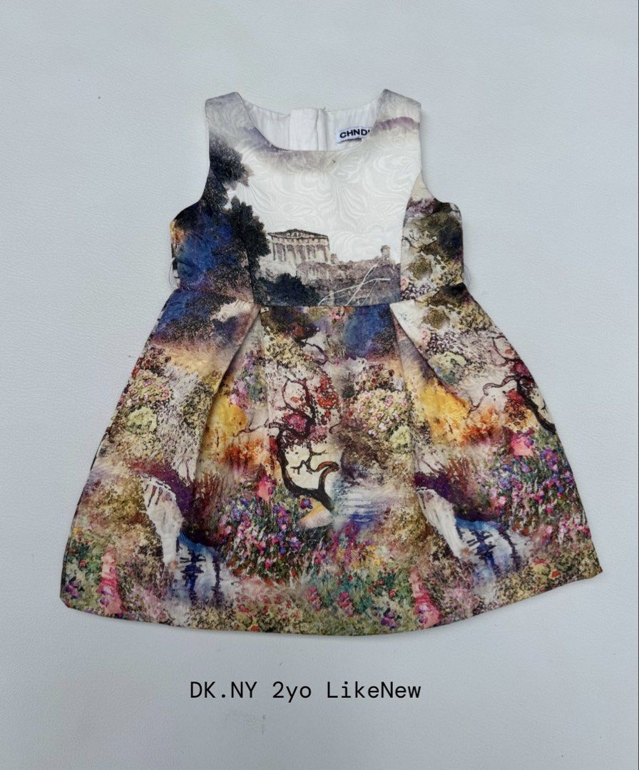 dk.ny 2yo Dress (Category: Babies & Kids Fashion) located in Pozorrubio. Submitted by izaykite2g (Listing ID 1470763564, Image 1). Description: - Brand: DKNY - Size: 2 years old - Design: Sleeveless dress with a white architectural graphic top and colorful watercolor floral flared skirt - Closure: Back zipper closure - Lining: Fully lined interior for extra comfort - Fabric: Soft structured fabric with a slight sheen - Condition: Excellent / Bran