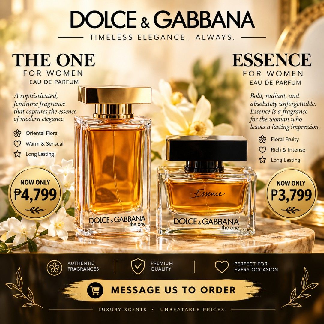 Dolce & Gabanna EDP for Women (Category: Fragrance & Deodorants) located in Bulacan. Submitted by ditchandswitch (Listing ID 1470800725, Image 1). Description: Dolce & Gabanna EDP for Women available in 2 variants: The One - 4799 Essence - 3799 or bundle pack no box 100% full juice level.