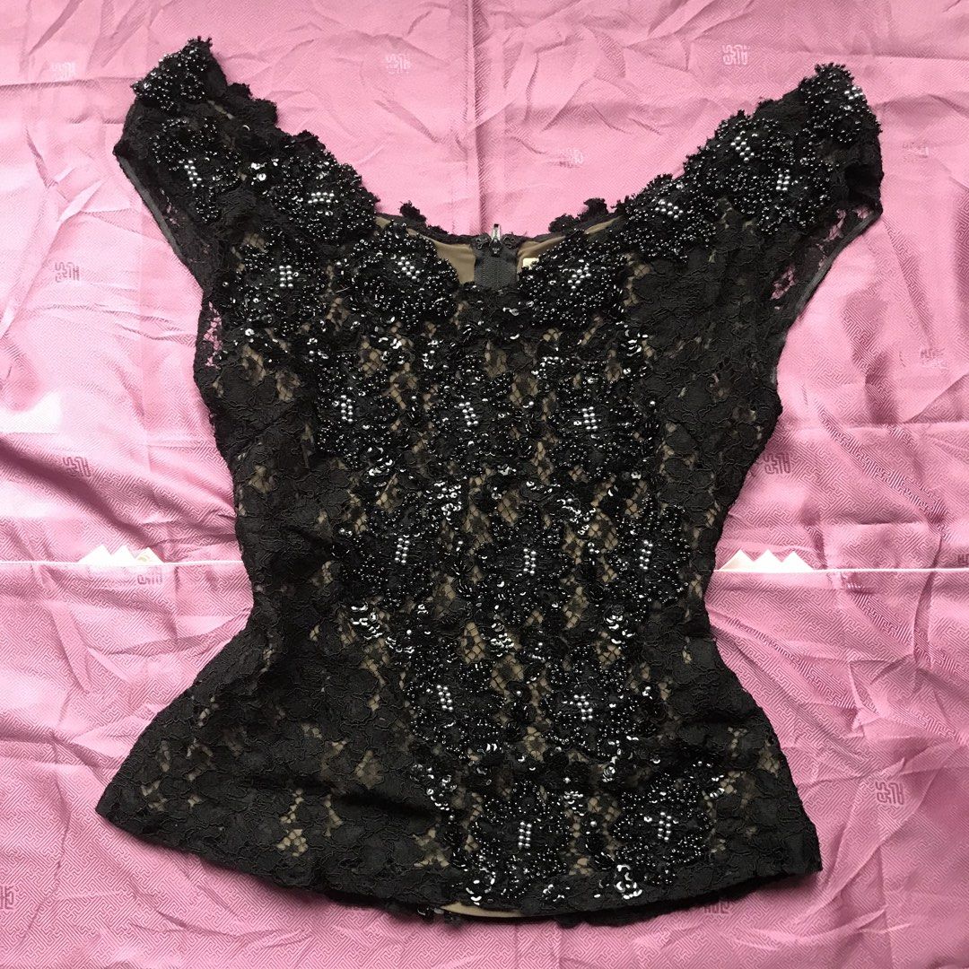 downtown muse black vintage lace beaded top (Category: Blouses) located in Tuguegarao City. Submitted by theseams_ph (Listing ID 1470821065, Image 1). Description: - black lace top with heavy bead and sequin embroidery - chic off-shoulder neckline with short cap sleeves - nude tone lining for comfortable coverage - fitted silhouette with a convenient back zipper - perfect statement piece for evening wear, parties, or night outs.