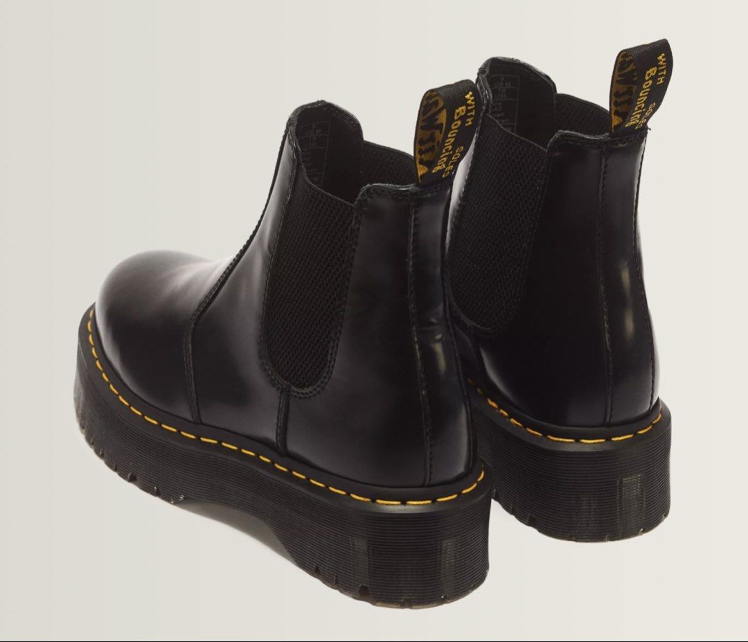 Dr. Martens Chelsea Boots (Category: Boots) located in Manila. Submitted by lancemaverick (Listing ID 1470763975, Image 2). Description: Selling my chelsea boots for declutter - Brand: Dr. Martens - Model: 2976 Quad Platform Chelsea Boots - Color: Black Smooth Leather - Features: Classic elastic gussets for easy pull-on wear - Design: Bold chunky quad sole with signature yellow welt stitching and yellow heel loop - Style: Extra height and a stand