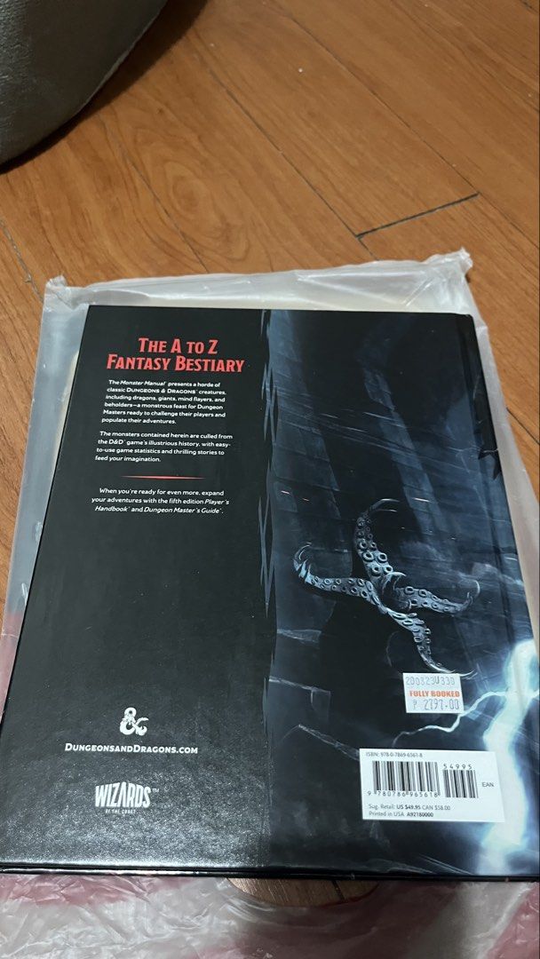 Dungeons & Dragons Monster Manual 5th Edition Rulebook (Category: Textbooks) located in Caloocan City. Submitted by goldenwind.dfc84e (Listing ID 1470885366, Image 2). Description: Hardcover D&D 5e Monster Manual by Wizards of the Coast. Clean pages, sturdy binding, and the original Fully Booked price tag is still on the back. A must-have for Dungeon Masters and TTRPG players! RFS: I thought I was going to DM a campaign once but my players schedu
