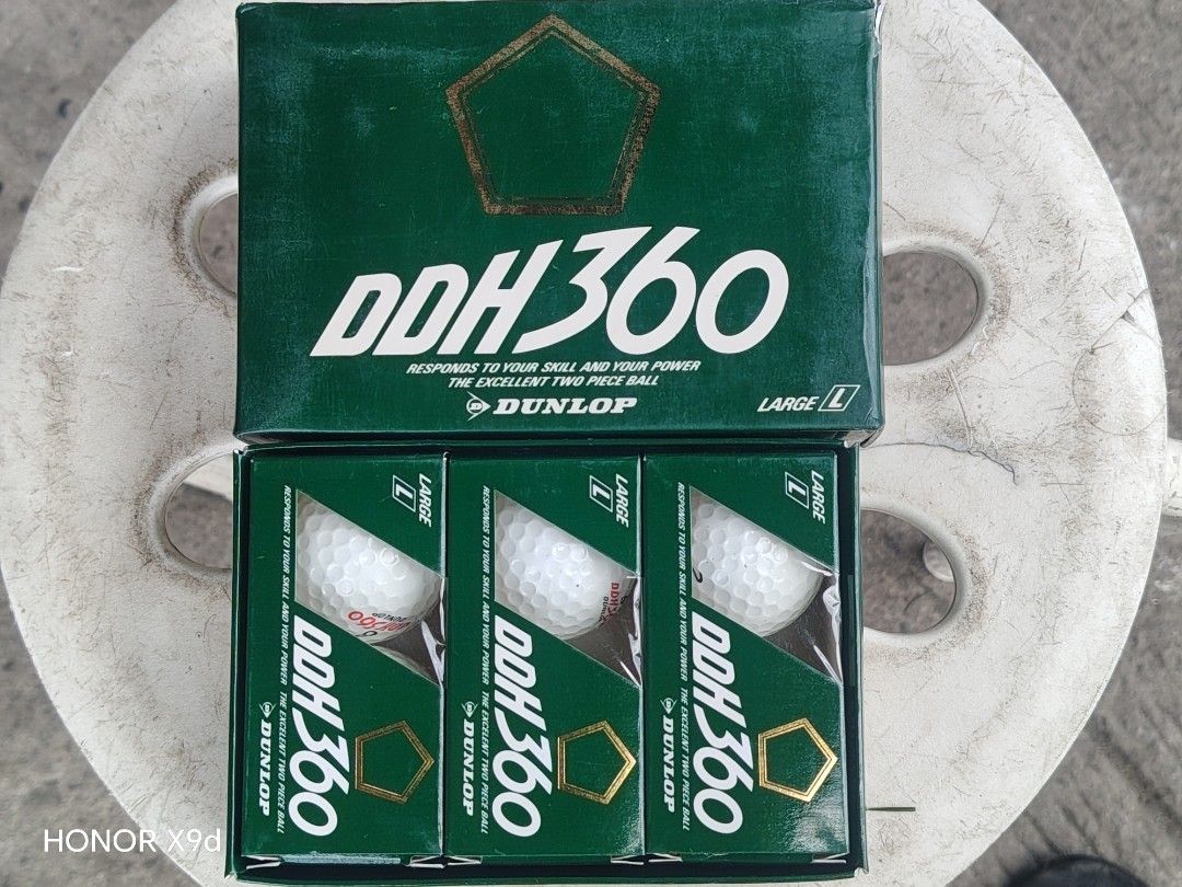 Dunlop DDH360 Large Golf Balls Box (Category: Golf) located in Manila. Submitted by mightypenguin_44c1b5 (Listing ID 1470796270, Image 1). Description: - Brand: Dunlop DDH360 - Type: Large two-piece golf balls - Packaging: Original green box with 3 sleeve boxes included - Contents: Visible white golf balls inside - Condition: Brand new and intact - Ideal for upgrading your golf gear or as a gift.