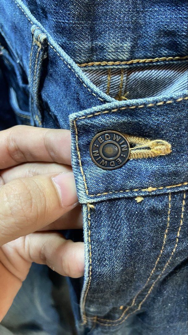 Edwin 503 Regular Dark Wash Jeans (Category: Jeans) located in Manila. Submitted by akirp (Listing ID 1470890040, Image 3). Description: - Brand: Edwin - Model: 503 Regular Fit - Color/Wash: Dark Blue - Style: Classic five-pocket design with contrast orange stitching - Details: Branded metal rivets, embossed leather back patch, and interior red and blue 503 woven label.