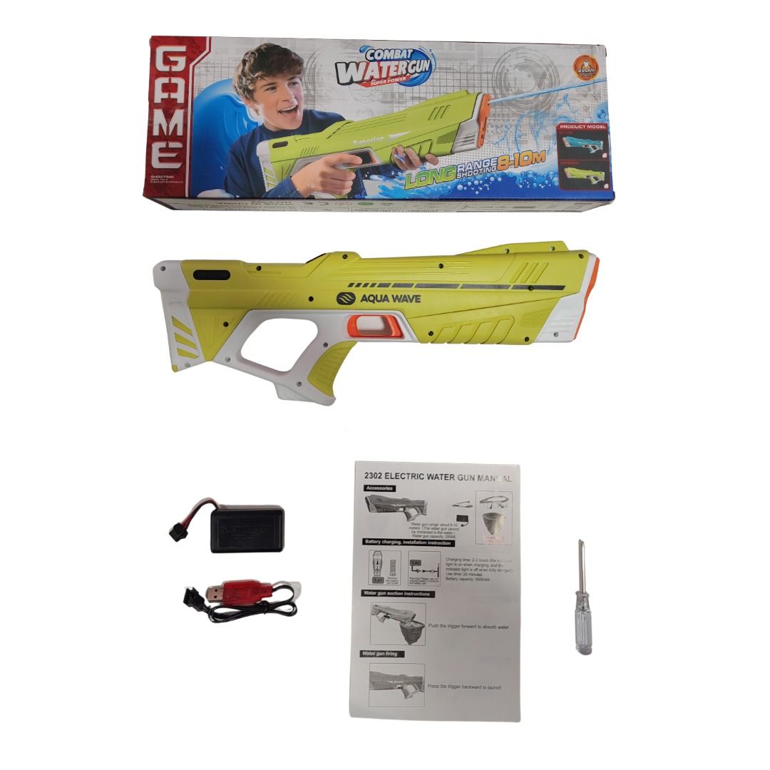 Electric Water Gun Full Set (Category: Action & Battle Toys) located in Quezon City. Submitted by cion_017 (Listing ID 1470789449, Image 2). Description: - Model: Aqua Wave Combat Electric Water Gun - Colorway: Striking green and white - Performance: Long-range blasting power, perfect for pool parties and beach days - Full Kit Includes: Rechargeable battery, USB charging cable, screwdriver, and original instruction manual - Packaging: Packs right