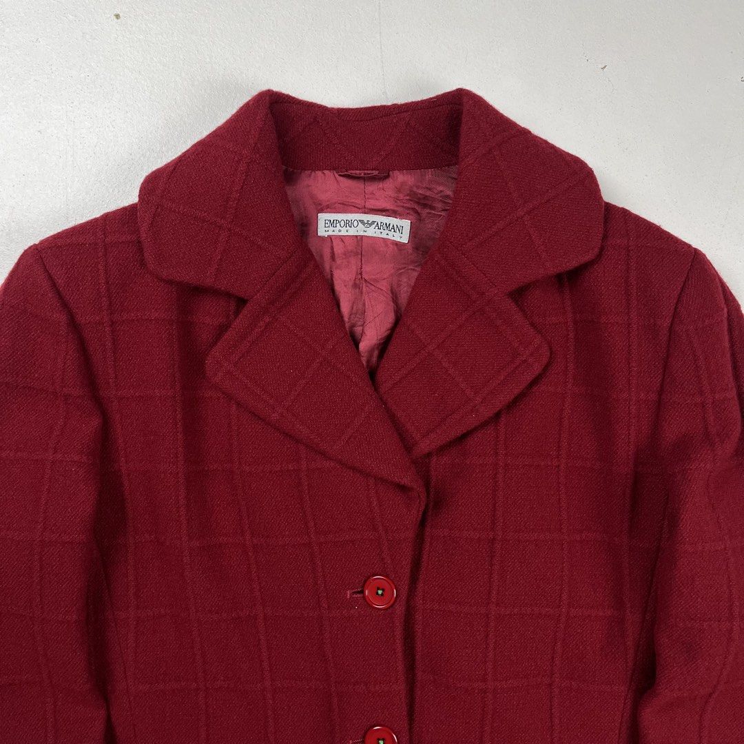 Emporio Armani 1990s Grid Textured Jacket (Category: Luxury Apparel) located in Quezon City. Submitted by forgarments (Listing ID 1470829853, Image 2). Description: Emporio Armani 1990s Grid Textured Jacket Excellent Condition Size: 44 Shoulder: 18 Inches Chest width: 21 Inches Waist: 18 Inches Sleeve: 21.5 Inches Length: 22 Inches Hem: 17 Inches - Textured Grid pattern - Wool blend - 2 Button main closure - Made in Italy.