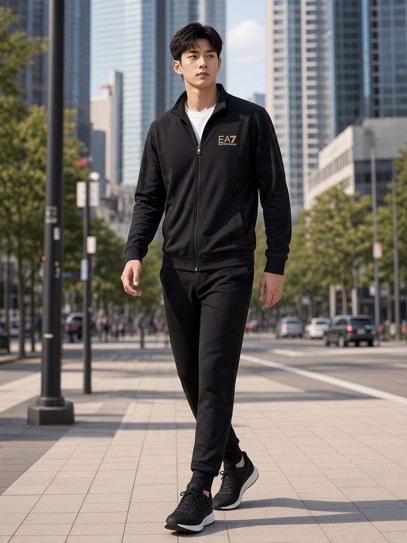 Emporio Armani Full-Zip Track Jacket (Category: Coats, Jackets and Outerwear) located in Paranaque City. Submitted by preluxeshop_ph (Listing ID 1470812638, Image 1). Description: Brand: EA7 Emporio Armani -Style: Full-Zip Track Jacket / Stand-Collar Sweatshirt -Color: Black with gold-tone accents -Design Features: Gold EA7 Emporio Armani logo on the left chest, gold signature vertical line graphic on the upper back collar, full front zip closure