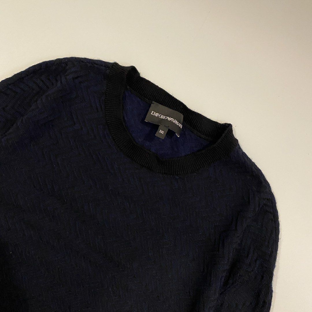 Emporio armani knitted sweater (Category: Coats, Jackets and Outerwear) located in Iloilo. Submitted by joren_ian (Listing ID 1470860217, Image 2). Description: Emporio Armani knitted sweater Stretchable Size:3xl fits to xlarge Dimes (Length×Width):30x22’ ₱550 Condition:likenew Issue:none.