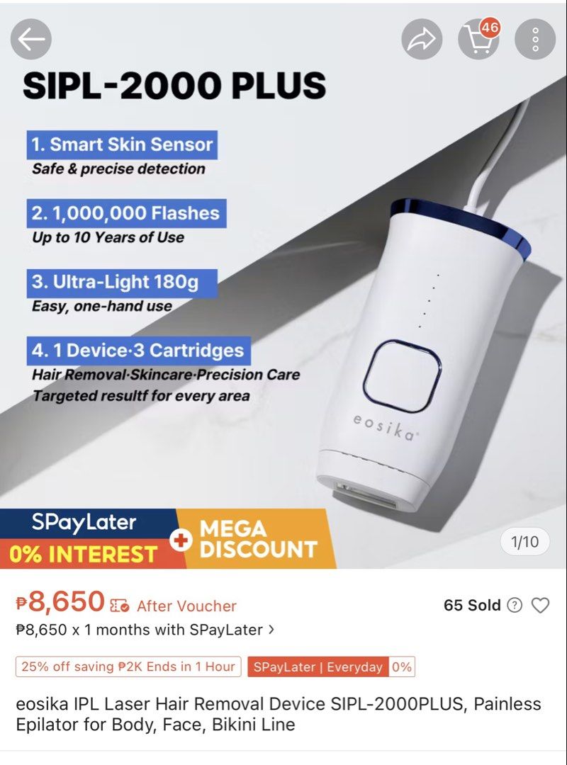 Eosika SIPL-2000 PLUS IPL Hair Removal Device (Category: Hair Removal) located in Makati City. Submitted by vidal.anya888 (Listing ID 1470923646, Image 3). Description: - Brand new Eosika SIPL-2000 PLUS home IPL hair removal set in latest packaging - Smart skin sensor for safe and effective treatments - Long-lasting with 1,000,000 flashes - Ultra-lightweight body at only 180g for comfortable use - Includes 3 interchangeable cartridges: hair remov