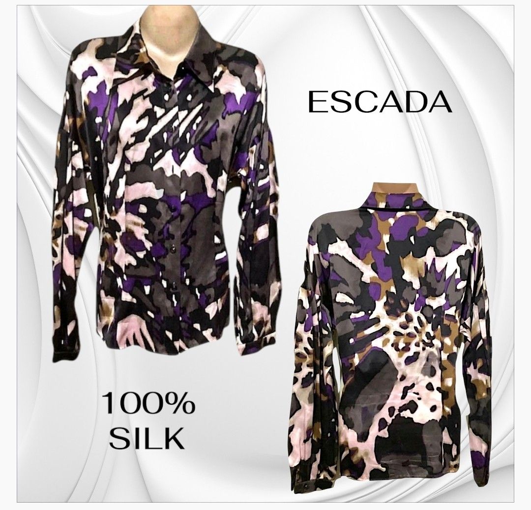Escada Designer Blouse Collection Multi Style Tops (Category: Luxury Apparel) located in Paranaque City. Submitted by calm_youngstore7 (Listing ID 1470802187, Image 2). Description: TAKE ALL 4 ESCADA SILK LONG SLEEVE TOPS FOR ONLY ₱8500.00 OR ₱2499 EACH - Brand: Escada - Quantity: 4 distinct designer tops - Style 1: Navy blue button-down with elegant tie neck - Style 2: Abstract purple and black patterned silk button-up - Style 3: Cream peasant t