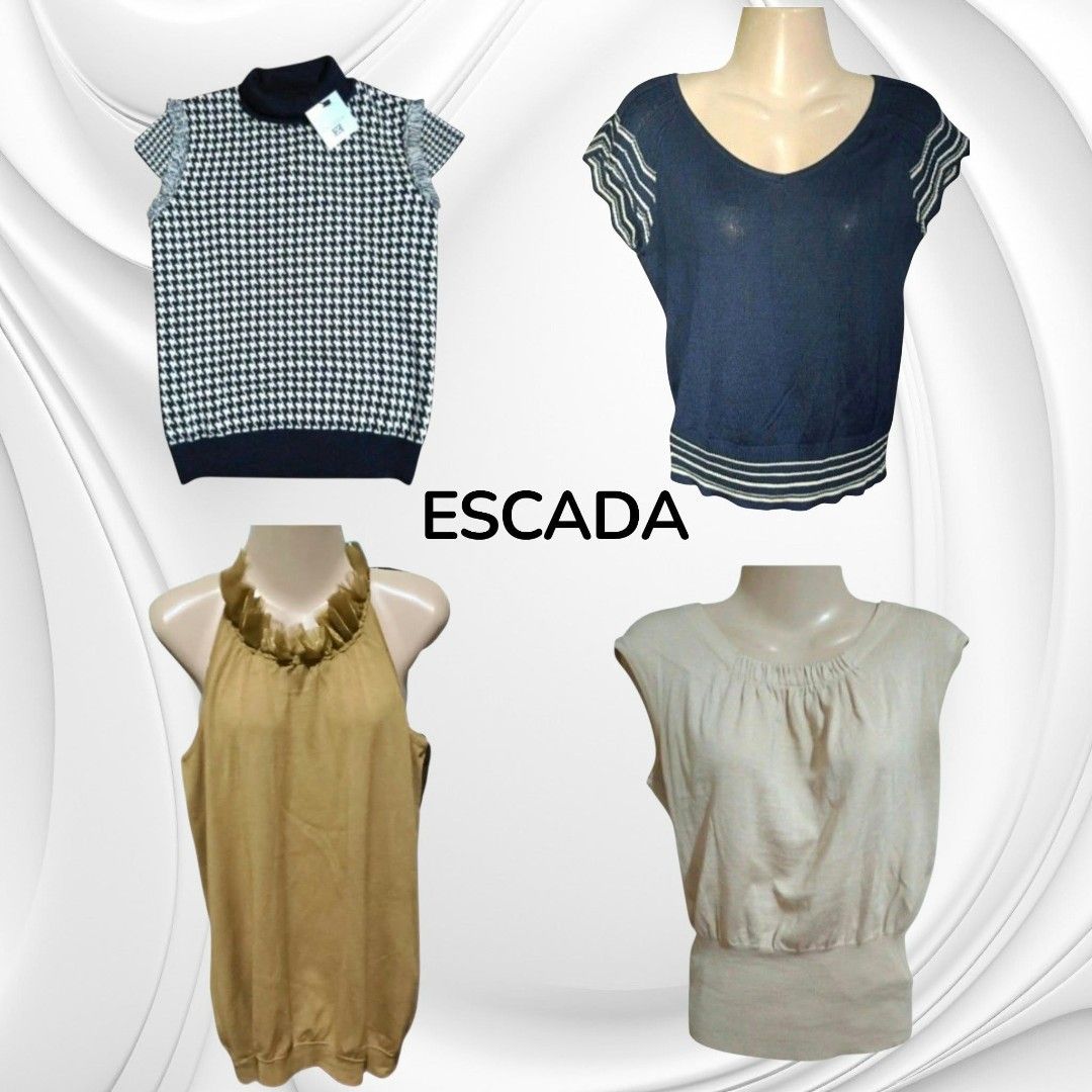 Escada Designer Women Tops Bundle (Category: Blouses) located in Paranaque City. Submitted by calm_youngstore7 (Listing ID 1470796102, Image 1). Description: BEST DEAL ON DESIGNER TOPS! TAKE ALL 4 BNWT ESCADA TOPS FOR ONLY ₱5,000.00! - Brand: Escada - Quantity: Bundle of 4 different tops - Designs included: Houndstooth turtleneck sleeveless knit, navy blue scoop neck tee with striped trim, mustard yellow halter neck top with ruffled collar, and b