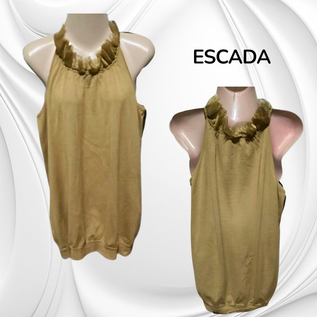 Escada Designer Women Tops Bundle (Category: Blouses) located in Paranaque City. Submitted by calm_youngstore7 (Listing ID 1470796102, Image 2). Description: BEST DEAL ON DESIGNER TOPS! TAKE ALL 4 BNWT ESCADA TOPS FOR ONLY ₱5,000.00! - Brand: Escada - Quantity: Bundle of 4 different tops - Designs included: Houndstooth turtleneck sleeveless knit, navy blue scoop neck tee with striped trim, mustard yellow halter neck top with ruffled collar, and b