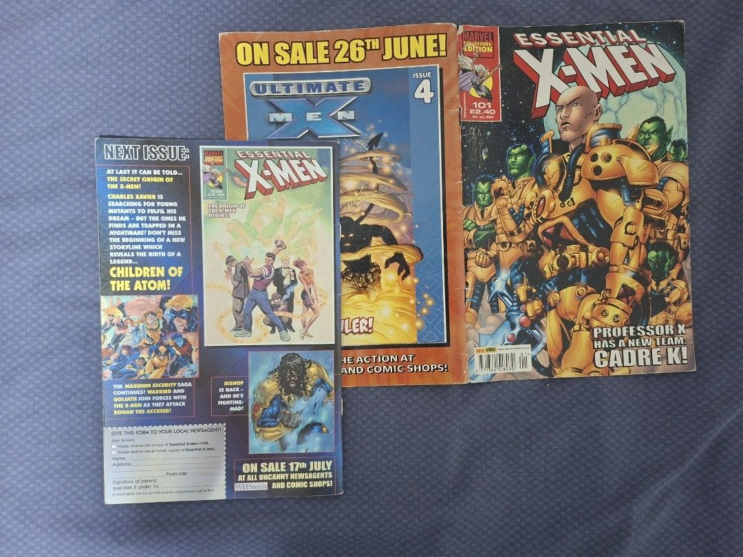Essential X-Men #101 Marvel Comics (Category: Comics & Manga) located in San Fernando. Submitted by silverforest-63a2 (Listing ID 1470865655, Image 3). Description: Essential X-Men #101. Marvel Comics for 200php. Includes Maximum Security: Dangerous Planet #1 and Uncanny X-Men #387 Issue: detached cover Don't hesitate to ask for more photos Mode/s of payment: Gcash or COD/COP (For LBC Only) Delivery: Preferably J&T. Drop-off on Saturdays Delivery