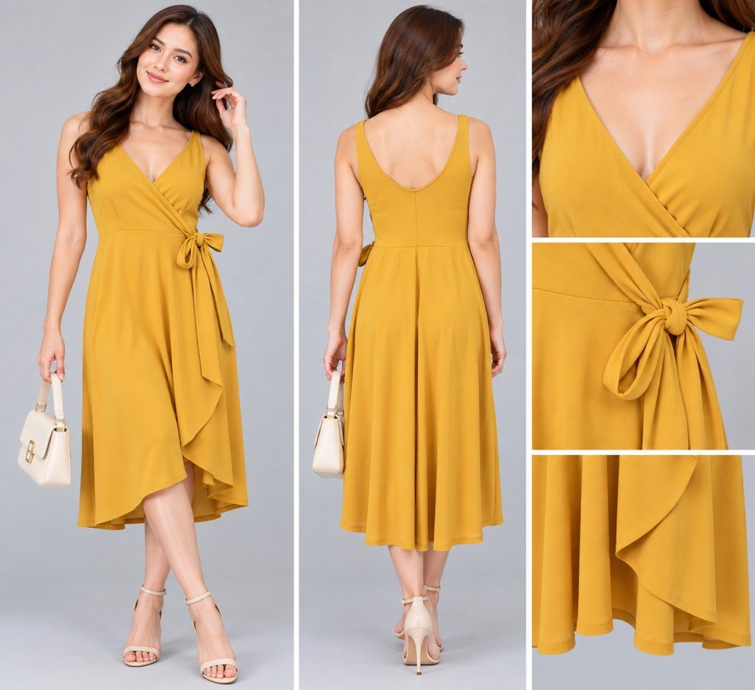 EXPRESS Mustard Yellow Wrap Midi Dress (Category: Dresses) located in Bacoor. Submitted by goodfinds02 (Listing ID 1470843651, Image 3). Description: - Brand: Express - Color: Mustard Yellow - Style: Sleeveless wrap dress with thin straps - Neckline: V-neck front and scoop back - Details: Waist side tie bow - Hemline: Asymmetrical high-low - Fabric: Lightweight with a great drape.