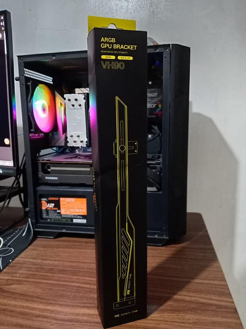 EZDIY-FAB VH90 ARGB GPU Bracket (Category: Computer Parts) located in Quezon City. Submitted by taskf101 (Listing ID 1470931896, Image 3). Description: - Model: EZDIY-FAB VH90 ARGB GPU Support Bracket (Black) - Prevents graphics card sag and keeps it perfectly level - Features a convenient rail and lift system with a metal control knob for easy height adjustments - 5V ARGB motherboard sync for vibrant, customizable lighting effects Key Features &