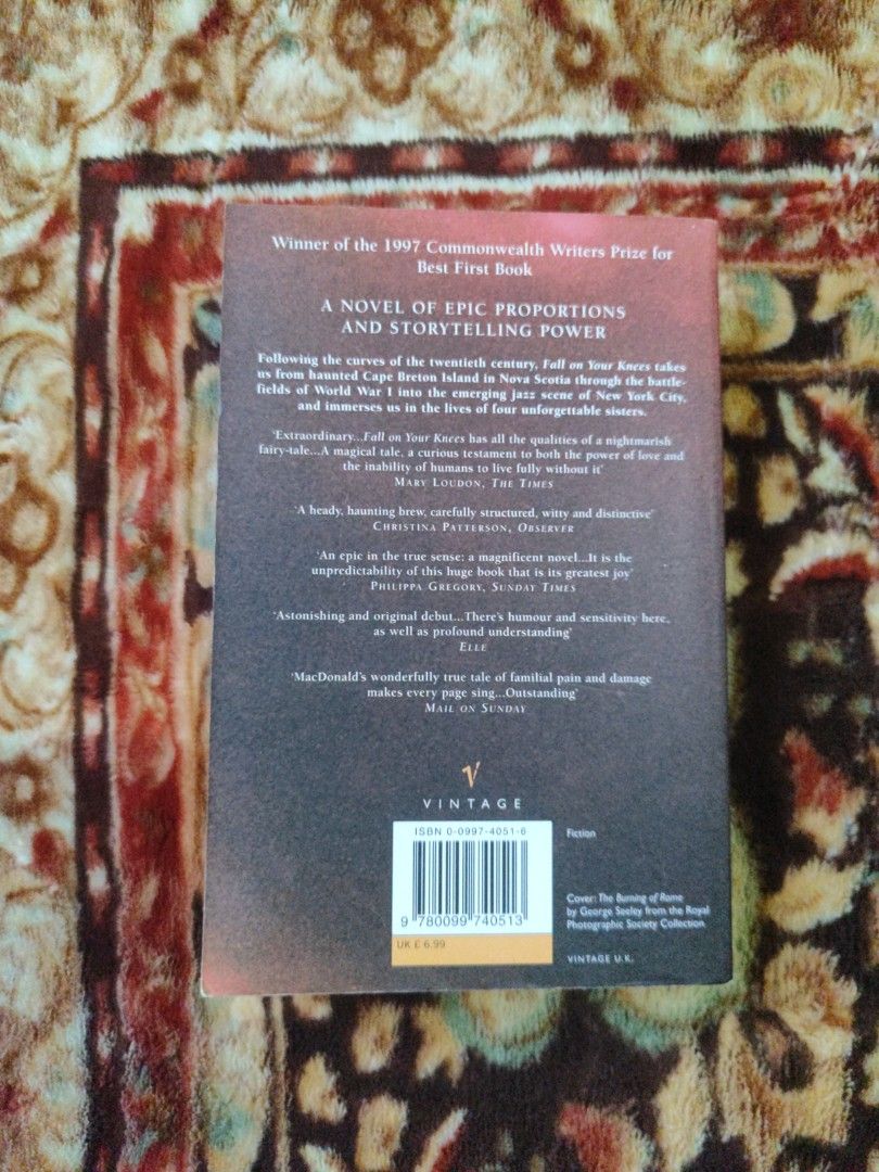 Fall on Your Knees Vintage Paperback Novel (Category: Storybooks) located in Puerto Princesa. Submitted by jyrxxii. (Listing ID 1470829189, Image 2). Description: - Title: Fall on Your Knees by Ann-Marie MacDonald - Format: Standard paperback fiction (Vintage UK edition) - Accolades: Winner of the 1997 Commonwealth Writers Prize for Best First Book - Pricing & Details: £6.99 original UK price printed on back cover - ISBN/Barcode: 9780099740513.