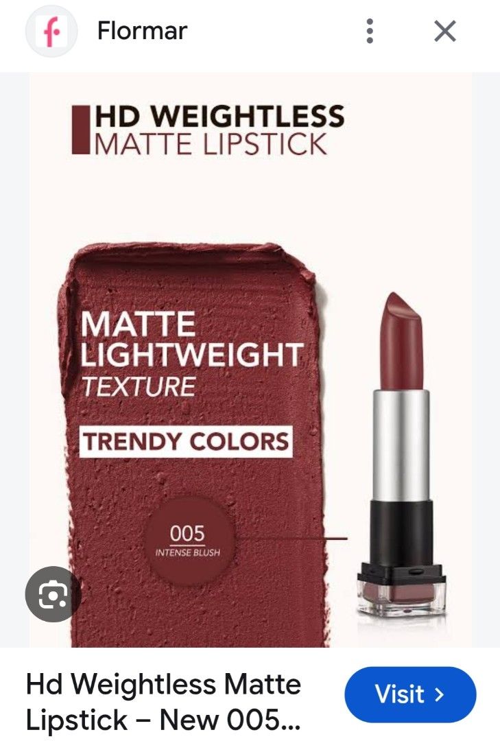 Flomar Lipstick 💄 (Category: Makeup) located in Cavite. Submitted by sophiayudequina (Listing ID 1470824439, Image 1). Description: Flomar lipstick Color: Intense Blush HD Weightless Matte lipstick Orig Price : 499 💄SALE: 199 TAKE All 500 Mall pull out Expiration: 2028 📞 Sophia 09265740431.