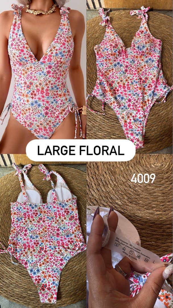 Floral large (Category: Bikinis & Swimsuits) located in Malabon City. Submitted by lheithriftshop (Listing ID 1470796276, Image 2). Description: a Swim Mod Women’s One-Piece Swimsuit with a white, pink, orange, and blue ditsy floral print, featuring a V-neckline, tie-up shoulder straps, and side tie details..