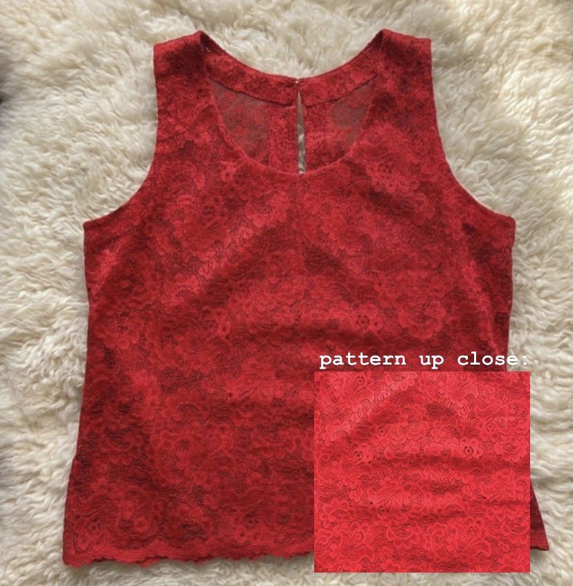 Floral Red Lace Sleeveless Top (Category: Sleeveless) located in Quezon City. Submitted by rbiityr (Listing ID 1470840443, Image 1). Description: it’s see-through so depende na how siya isstyle, maybe pangpatong sa black or white inner rfs: hindi ko alam pano isstyle 😞.
