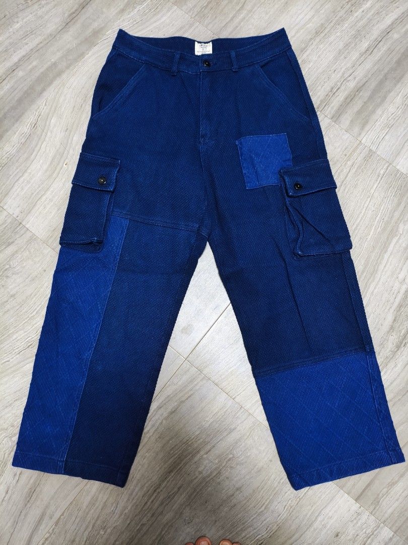 Focus blue sashiko cargo trousers (Category: Trousers) located in Puerto Princesa. Submitted by lotsstuff (Listing ID 1470815204, Image 1). Description: size small fits 30-32 waist excellent condition price 999+sf.