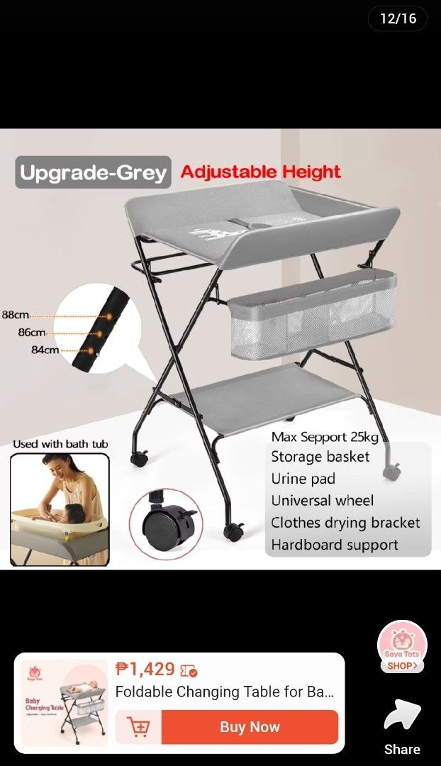Foldable Baby Changing Table with Storage Grey (Category: Changing Mats & Accessories) located in Alegria. Submitted by missy1024 (Listing ID 1470852091, Image 1). Description: - Color: Grey - Features: Adjustable height, smooth-rolling wheels, side storage basket, and lower shelf - Convenience: Easily folds up when not in use to save space - Condition: Noticeable stains and spots on the side fabric and mesh compartments, but fully functional.