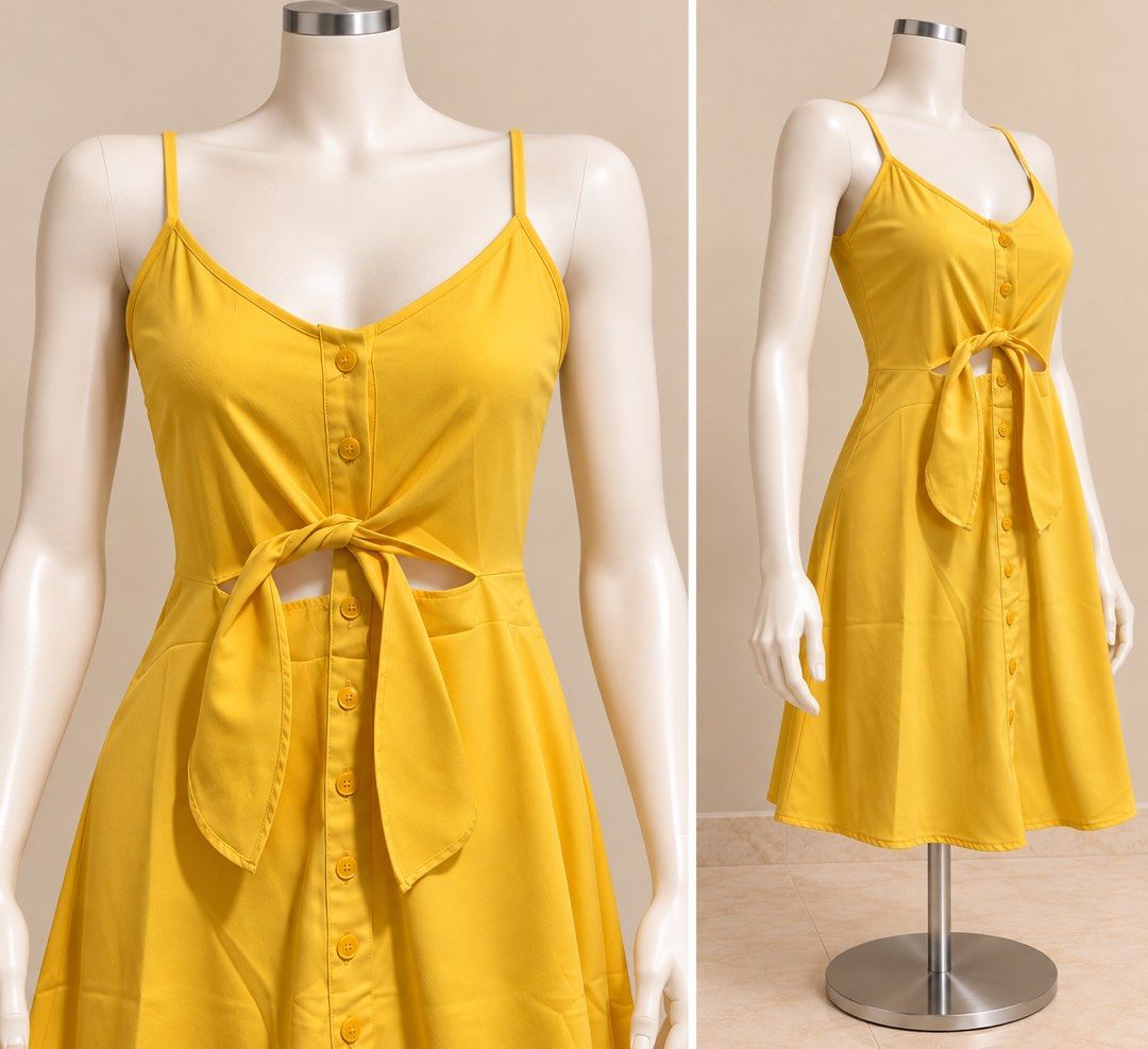 Forever 21 Yellow Spaghetti Strap Tie Front Dress (Category: Dresses) located in Santa Cruz. Submitted by zellethrifts (Listing ID 1469300106, Image 2). Description: • Bought in Forever21 Japan 🇯🇵 • Used / Like new • Fits small to medium • In excellent condition • Photos taken using mannequin only 🚚 Shipping via J&T only 📦 Shipping fee to be shouldered by buyer 💳 Mode of payment: GCash 📍 Santa Cruz, Laguna.