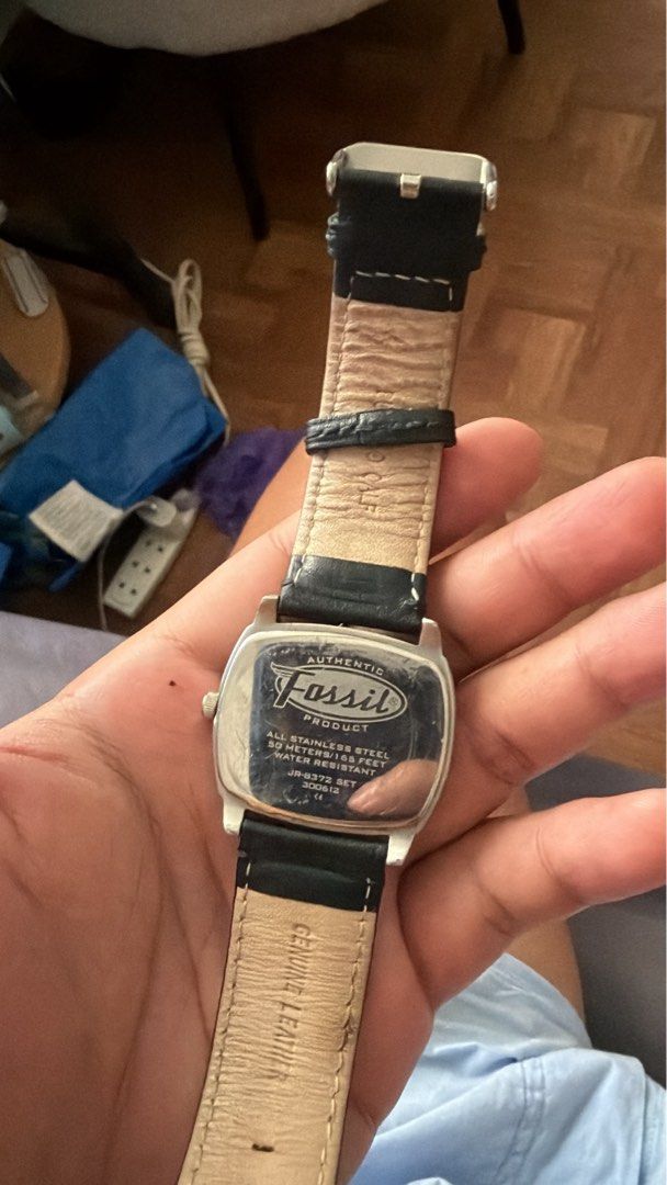 Fossil JR-8372 Men's Square Leather Watch (Category: Men's Watches) located in Manila. Submitted by danilamano (Listing ID 1470834621, Image 2). Description: - Brand/Model: Fossil JR-8372 - Design: Square stainless steel case with a clean white dial - Features: Date window at the 3 o'clock position - Strap: Black genuine leather strap - Water Resistance: Up to 50 meters - Condition: Shows minor, normal wear on the case and strap from regular use 