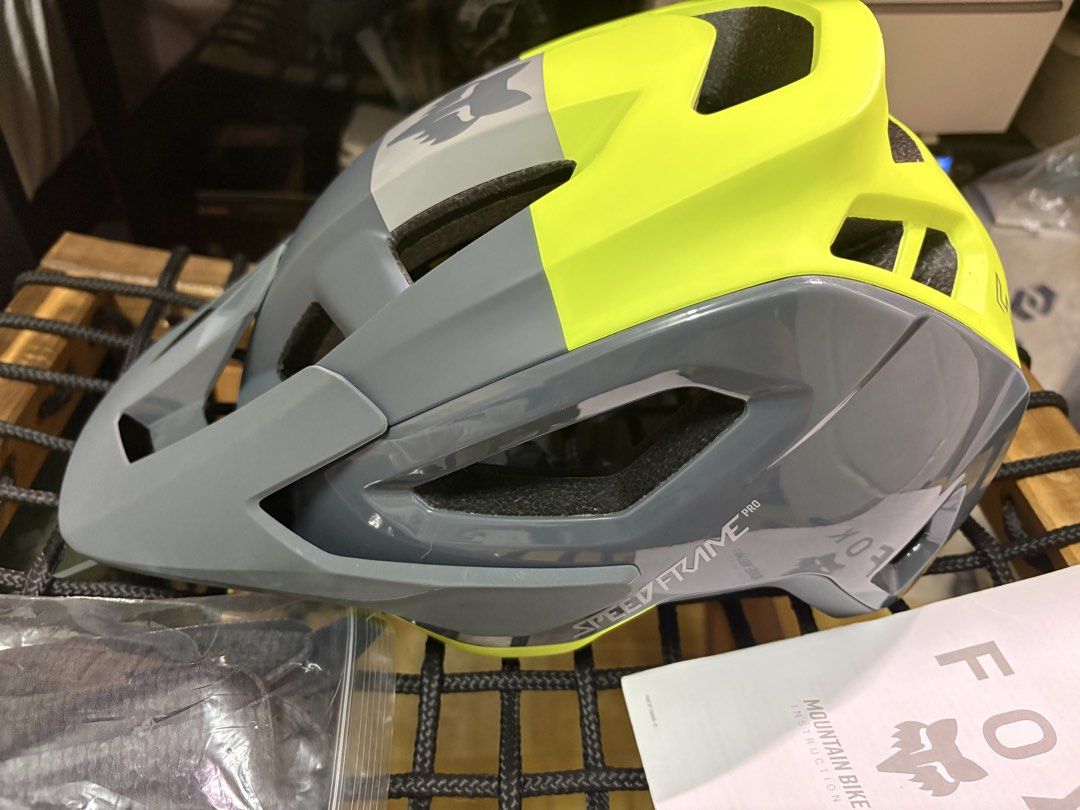 Fox Speedframe Pro Mountain Bike MIPS Helmet (Category: Bicycles) located in Quezon City. Submitted by czgadgets (Listing ID 1470827351, Image 3). Description: - Model: Fox Speedframe Pro Mountain Bike Helmet (size:Large) - Color: Flourecent yellow/green &gret - Safety: Equipped with MIPS safety liner - Convenience: Adjustable visor and magnetic buckle system - Extras: Includes 2 sets of brand new spare liner pads and original instruction manual 