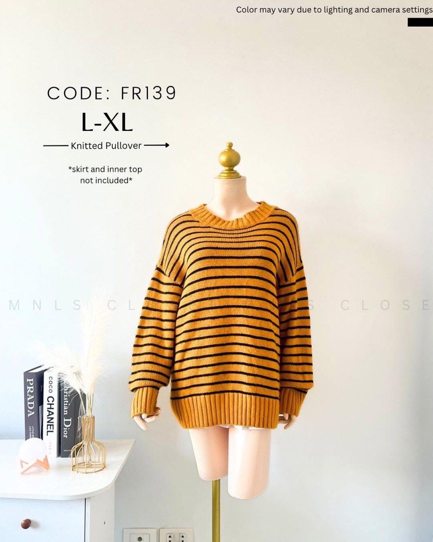 FR139 Yellow Striped Knitted Pullover Sweater L-XL (Category: Longsleeves) located in Mandaluyong City. Submitted by iamprettywow (Listing ID 1470844838, Image 1). Description: - Fits up to small to xL size 42 bust - Item: Yellow knitted pullover with black stripes - Size: L-XL (Relaxed drop shoulder fit) - Details: Crew neckline, ribbed hem, super cozy for cold weather - Note: Skirt and inner top are NOT included - Reference Code: FR139.