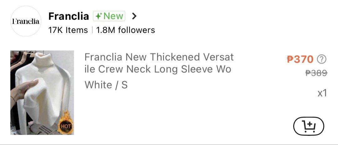 Franclia New Thickened Versatile Turtleneck Long Sleeve White (Category: Longsleeves) located in Caloocan City. Submitted by vastcrystal-7450 (Listing ID 1470780986, Image 2). Description: - Brand/Model: Franclia thickened long sleeve turtleneck - Color: White - Size: S - Features: Ribbed collar and cuffs, super soft interior lining - Condition: Worn once for a trip, basically untouched (like new) - Best for: Great basic piece for layering during