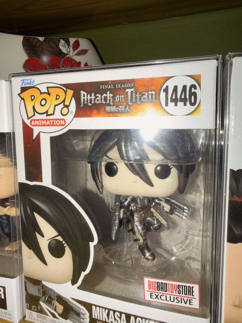 Funko Pop Attack on Titan Levi Eren Mikasa (Category: Figurines & Statues) located in Taguig. Submitted by fort22 (Listing ID 1470891896, Image 2). Description: - Attack on Titan Final Season Funko Pop set of 3 - Levi #1625 (Funko.com Exclusive sticker) - Eren Jaeger #1321 - Mikasa Ackermann #1446 (BigBadToyStore Exclusive sticker) - All items in original packaging with clear windows - Ideal for anime collections and Funko enthusiasts.