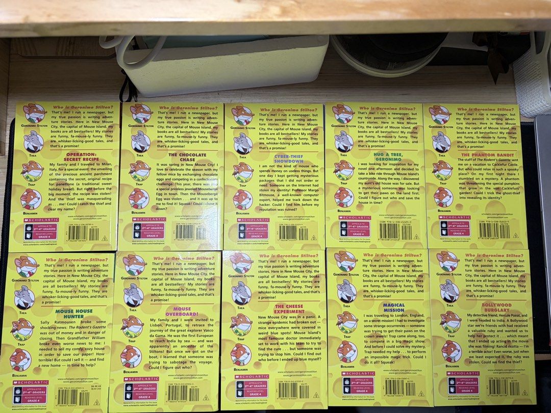 Geronimo Stilton Books Bundle Set 61-70 10 Books (Category: Children's Books) located in Mandaluyong City. Submitted by juliansthings (Listing ID 1470909276, Image 2). Description: - Set of 10 Geronimo Stilton books (Books 61-70) - Titles: Mouse House Hunter, Mouse Overboard, The Cheese Experiment, Magical Mission, Bollywood Burglary, Operation Secret Recipe, The Chocolate Chase, Cyber-Thief Showdown, Hug a Tree Geronimo, and The Phantom Bandit -