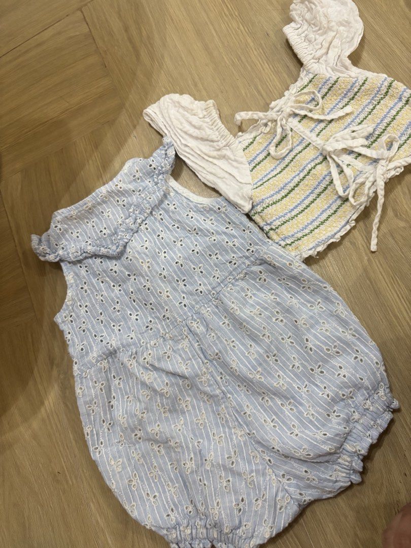 Gingersnaps Tiny Blue Romper and Striped Crop Top bundle (Category: Babies & Kids Fashion) located in Bulacan. Submitted by ricammendz (Listing ID 1470860580, Image 2). Description: 300 each pag hiwalay - Brand: Gingersnaps (Romper) - Piece 1: Tiny blue eyelet romper with button-up front, ruffle collar, and cute bubbled shorts - Size: run small 24 Months on tag but can fit 12-18 months - Piece 2: White smocked crop top with yellow, blue, and gree