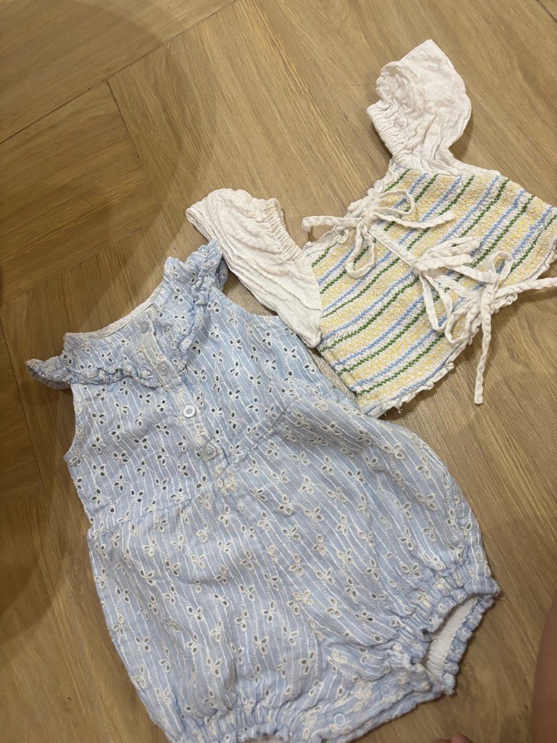 Gingersnaps Tiny Blue Romper and Striped Crop Top bundle (Category: Babies & Kids Fashion) located in Bulacan. Submitted by ricammendz (Listing ID 1470860580, Image 1). Description: 300 each pag hiwalay - Brand: Gingersnaps (Romper) - Piece 1: Tiny blue eyelet romper with button-up front, ruffle collar, and cute bubbled shorts - Size: run small 24 Months on tag but can fit 12-18 months - Piece 2: White smocked crop top with yellow, blue, and gree