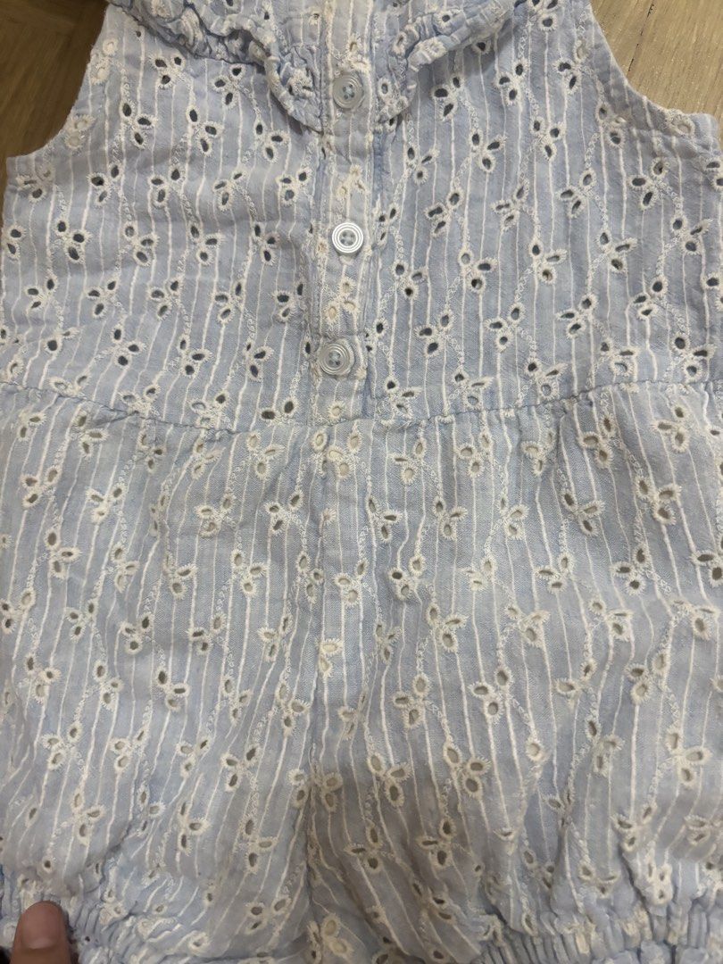 Gingersnaps Tiny Blue Romper and Striped Crop Top bundle (Category: Babies & Kids Fashion) located in Bulacan. Submitted by ricammendz (Listing ID 1470860580, Image 3). Description: 300 each pag hiwalay - Brand: Gingersnaps (Romper) - Piece 1: Tiny blue eyelet romper with button-up front, ruffle collar, and cute bubbled shorts - Size: run small 24 Months on tag but can fit 12-18 months - Piece 2: White smocked crop top with yellow, blue, and gree