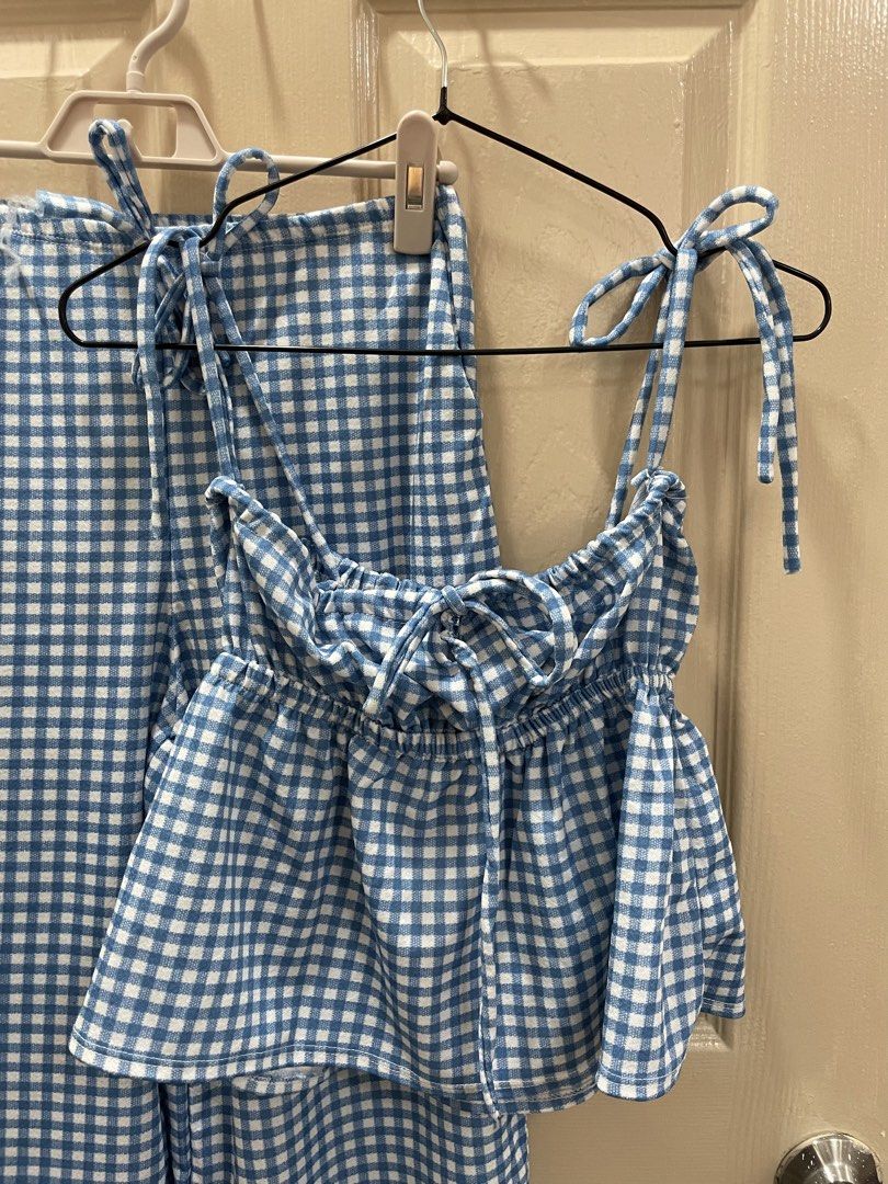 Gingham peplum top and straight pants (Set) (Category: Sets or Coordinates) located in Pasay City. Submitted by nashandma_ (Listing ID 1470845652, Image 1). Description: Never Worn Fits XS-S Rfs: Impulse buy.