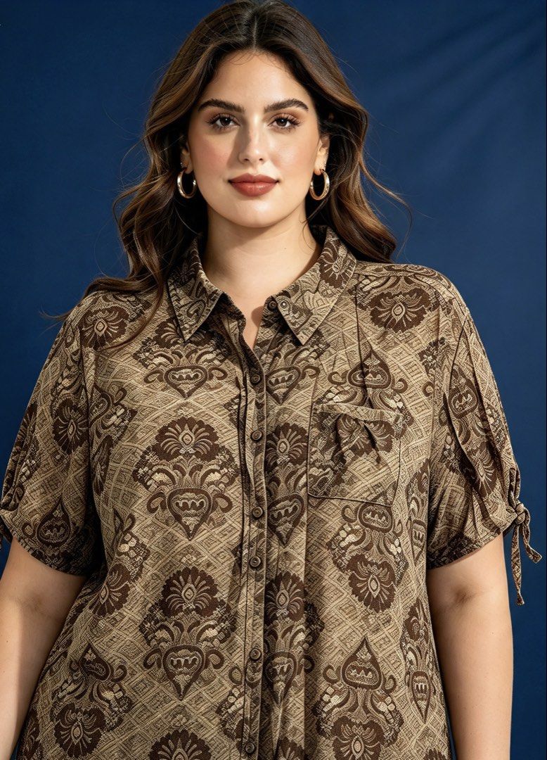 GLORIA VANDERBILT (Category: Tshirts & Polo Shirts ) located in Davao. Submitted by sart0ria85 (Listing ID 1470877061, Image 2). Description: Brown collared shitt with all-over floral and geometric Batik Java print. 55%COTTON 45%RAYON MADE IN INDONESIA 🇮🇩 LARGE. Size 8 EXCELLENT CONDITION (92/100).