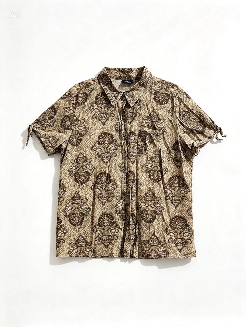 GLORIA VANDERBILT (Category: Tshirts & Polo Shirts ) located in Davao. Submitted by sart0ria85 (Listing ID 1470877061, Image 1). Description: Brown collared shitt with all-over floral and geometric Batik Java print. 55%COTTON 45%RAYON MADE IN INDONESIA 🇮🇩 LARGE. Size 8 EXCELLENT CONDITION (92/100).