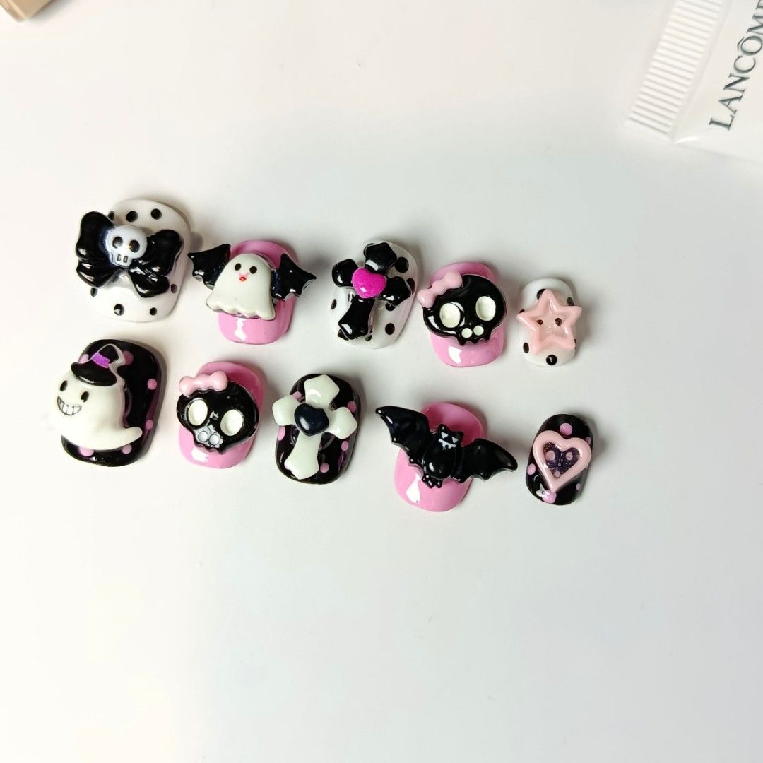 Gothic Pink and Black Press-On Nails with Charms (Category: Hands & Nails) located in Manila. Submitted by thebossbabe (Listing ID 1470928678, Image 1). Description: READY TO WEAR na agad kasi may FREE kit na kasama (glue, sticky tabs, alcohol pad, at file/stick). Dikit na lang, ganda ka na agad! Message ka lang 'pag bet mo nang kumuha!.