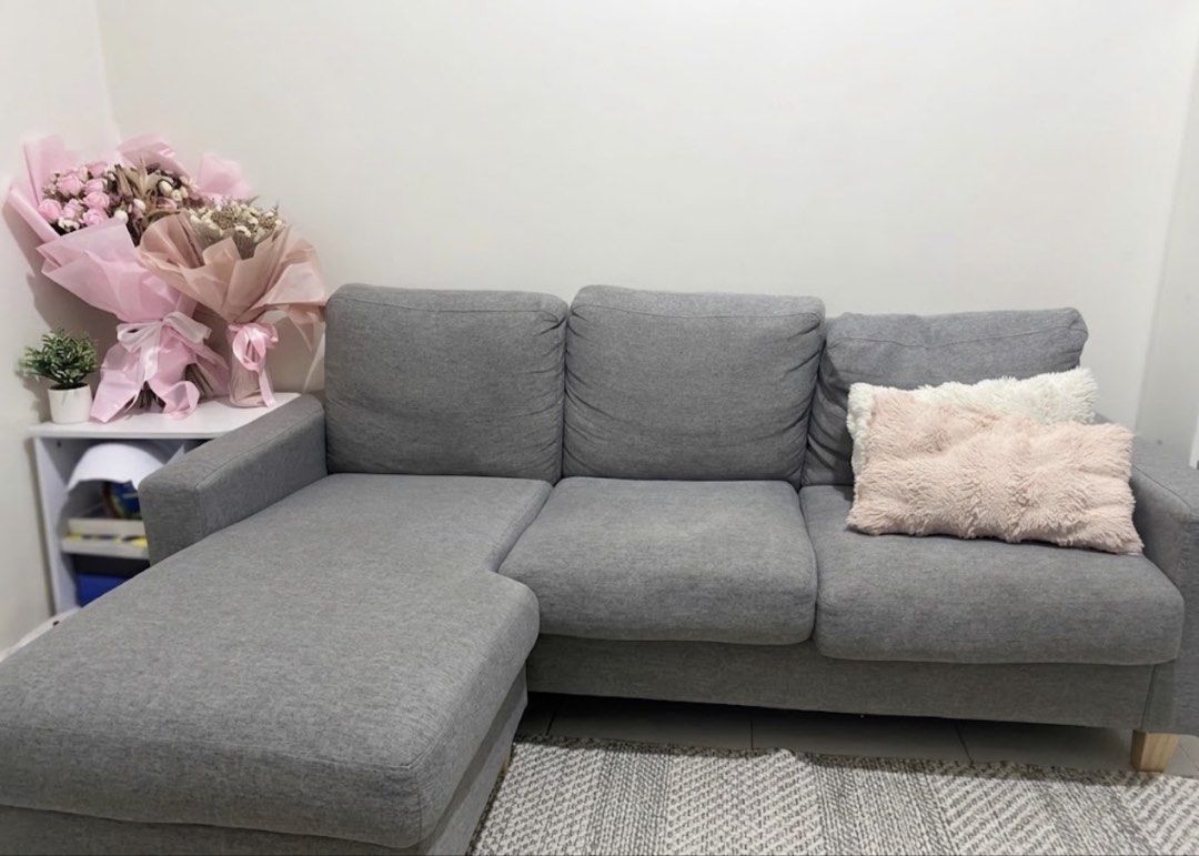 Grey L-shaped sectional sofa with chaise (Category: Sofas) located in Manila. Submitted by goldenfish.dc5c9f (Listing ID 1470769633, Image 1). Description: ABENSON L-SHAPED SECTIONAL SOFA * L-shaped sectional sofa with left-side chaise lounge * Neutral grey fabric upholstery * Sturdy wooden legs * Includes 3 backrest cushions.