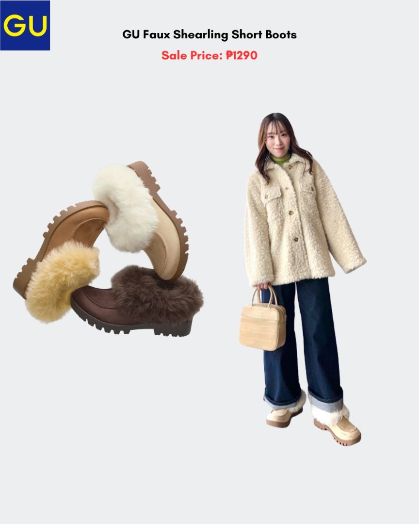 GU Faux Shearling Short Boots (Category: Boots) located in Quezon City. Submitted by jiya.tokio (Listing ID 1470884654, Image 1). Description: Sale Pre-order from GU Japan 🇯🇵 GU Faux Shearling Short Boots ₱ 1290‼️ Reminders: ✈️ETA: Dec ❣️50% DP is required to secure your item. (Non-refundable if the item has been purchased already.) 🚫No size exchanges after purchase 📍Tandang Sora, Quezon City 💰MOP: BPI / GCash / Unionbank 🚚: Lalamove/GrabX/