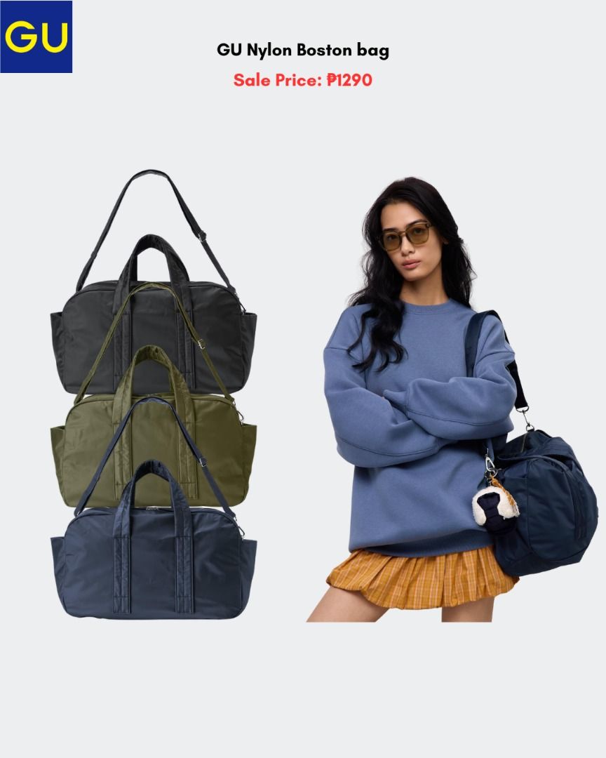 GU Nylon Boston Bag (Category: Cross-body Bags) located in Quezon City. Submitted by jiya.tokio (Listing ID 1470883333, Image 1). Description: Sale Pre-order from GU Japan 🇯🇵 GU Nylon Boston Bag ₱ 1290‼️ Reminders: ✈️ETA: Dec ❣️50% DP is required to secure your item. (Non-refundable if the item has been purchased already.) 🚫No size exchanges after purchase 📍Tandang Sora, Quezon City 💰MOP: BPI / GCash / Unionbank 🚚: Lalamove/GrabX/J&T/LBC.