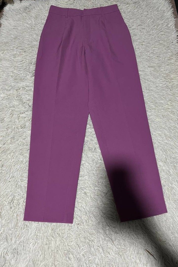 GU Purple Tapered ankle Pants Size M (Category: Jeans) located in Manila. Submitted by jpnbrandedcollection (Listing ID 1470823288, Image 2). Description: - Brand: GU - Color: Purple - Size: M waistline 26+29 length 37 - Fit: High waist, tapered cut - Details: Front pleats, clean waistband with belt loops, elastic back for extra comfort - Material: 89% polyester, 11% polyurethane - Versatile style: Great for casual days or office wear.