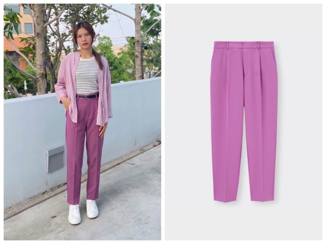 GU Purple Tapered ankle Pants Size M (Category: Jeans) located in Manila. Submitted by jpnbrandedcollection (Listing ID 1470823288, Image 1). Description: - Brand: GU - Color: Purple - Size: M waistline 26+29 length 37 - Fit: High waist, tapered cut - Details: Front pleats, clean waistband with belt loops, elastic back for extra comfort - Material: 89% polyester, 11% polyurethane - Versatile style: Great for casual days or office wear.