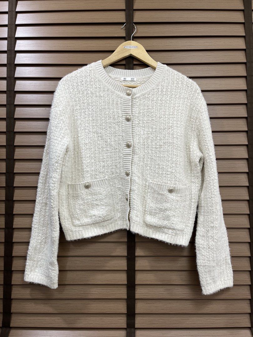 GU Textured Knit Cardigan Off White Size M (Category: Coats, Jackets and Outerwear) located in Mabalacat. Submitted by fashionclothesph (Listing ID 1470848686, Image 1). Description: - Brand: GU - Color: Off-white - Size: M - length22inch - width20inch - Material: 54% polyester, 31% acrylic, 15% nylon - Style: Textured knit cardigan with round neckline - Details: Silver-tone decorative buttons and two front pockets with button trim - Finish: Ribb