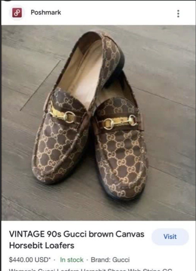 Gucci Brown Canvas Horsebit Loafers (Category: Loafers) located in Angeles City. Submitted by leluxe_atelier (Listing ID 1470813411, Image 2). Description: - Authentic Gucci horsebit loafers - Brown monogram canvas with signature web stripe - Elegant gold-tone hardware - Comfortable leather lining with visible Gucci branding - Versatile slip-on design for smart or casual wear.